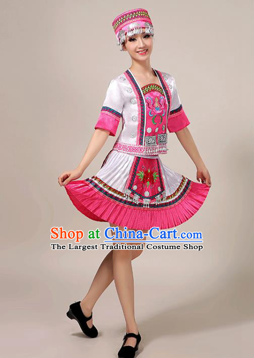 Chinese Guizhou Nationality Performance Short Dress Yao Minority Dance White Outfits Tujia Ethnic Folk Dance Garment Clothing