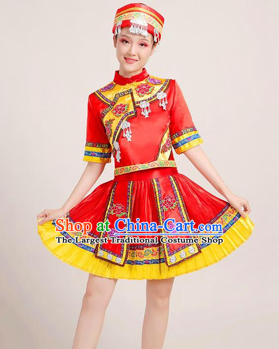 Chinese Yi Nationality Folk Dance Short Dress Yao Minority Red Outfits Yunnan Ethnic Performance Garment Clothing