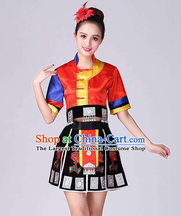 Chinese Yao Nationality Folk Dance Short Dress Minority Performance Outfits Tujia Ethnic Woman Garment Clothing