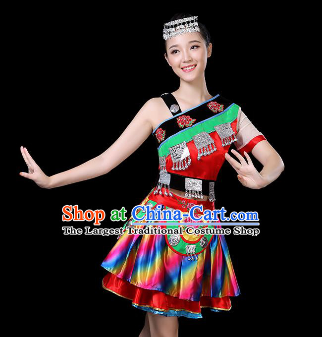 Chinese Tujia Nationality Folk Dance Short Dress Minority Performance Outfits Clothing Dong Ethnic Garment