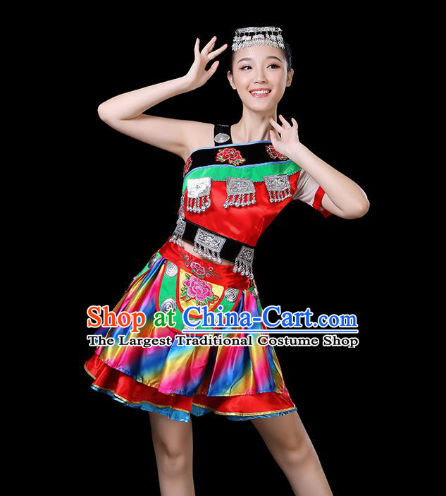 Chinese Tujia Nationality Folk Dance Short Dress Minority Performance Outfits Clothing Dong Ethnic Garment