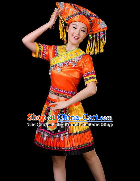 Chinese Guangxi Ethnic Garment Zhuang Nationality Folk Dance Short Dress Minority Performance Orange Outfits Clothing