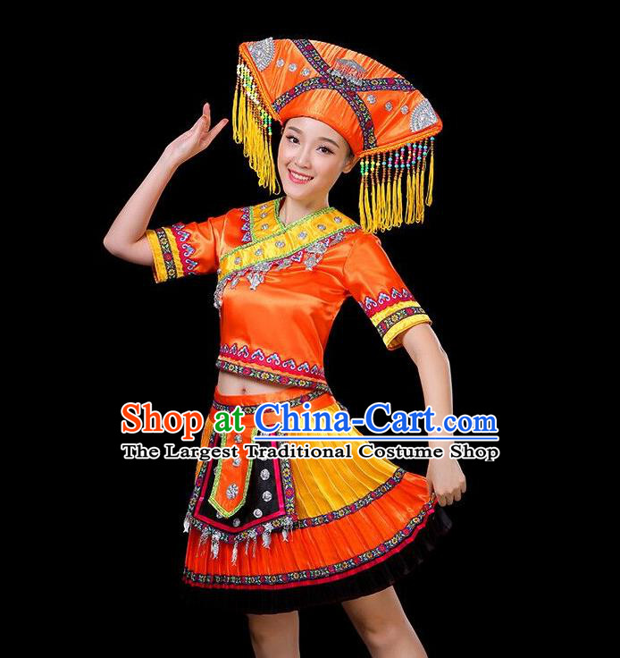 Chinese Guangxi Ethnic Garment Zhuang Nationality Folk Dance Short Dress Minority Performance Orange Outfits Clothing