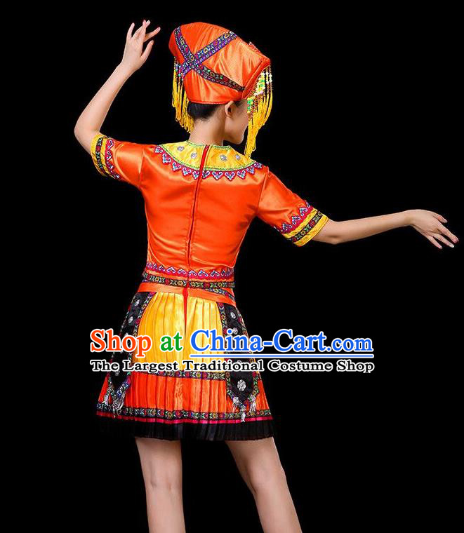 Chinese Guangxi Ethnic Garment Zhuang Nationality Folk Dance Short Dress Minority Performance Orange Outfits Clothing