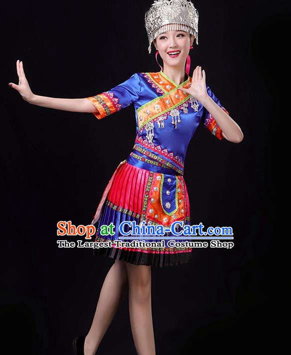 Chinese Hmong Minority Performance Royalblue Outfits Clothing Xiangxi Ethnic Garment Miao Nationality Folk Dance Short Dress