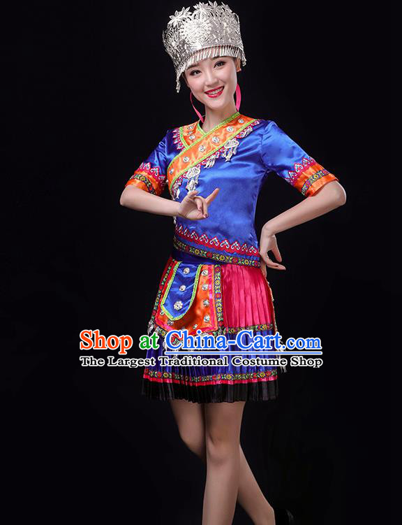 Chinese Hmong Minority Performance Royalblue Outfits Clothing Xiangxi Ethnic Garment Miao Nationality Folk Dance Short Dress