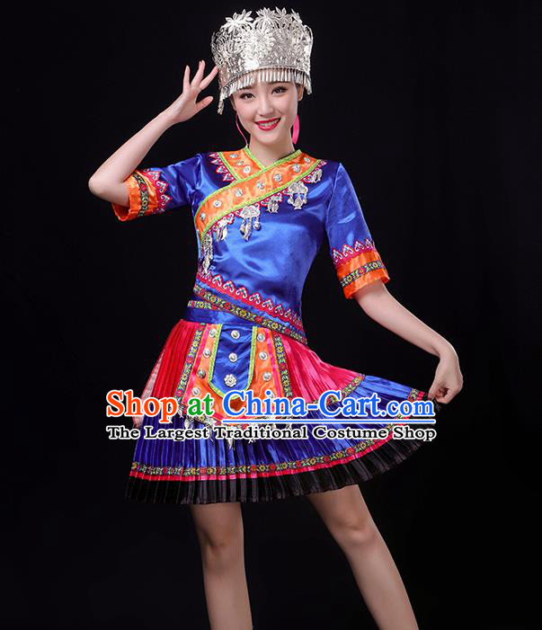Chinese Hmong Minority Performance Royalblue Outfits Clothing Xiangxi Ethnic Garment Miao Nationality Folk Dance Short Dress