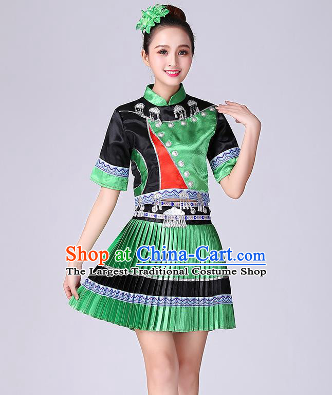 Chinese Yi Nationality Folk Dance Short Dress Minority Performance Green Outfits Clothing Tujia Ethnic Garment