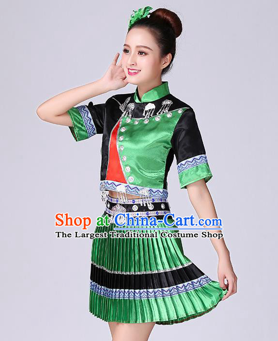 Chinese Yi Nationality Folk Dance Short Dress Minority Performance Green Outfits Clothing Tujia Ethnic Garment