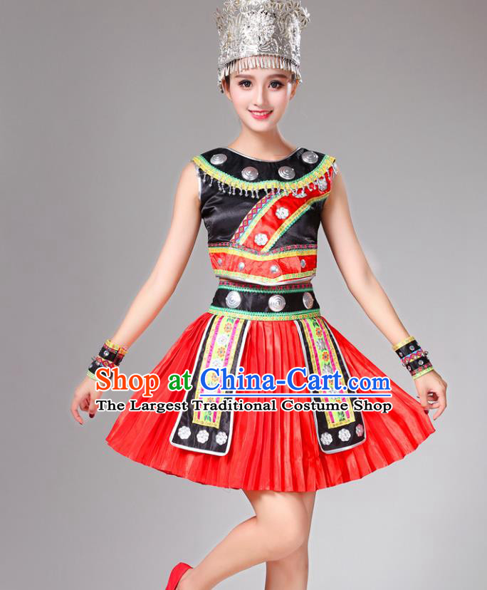 Chinese Tujia Ethnic Garment Dong Nationality Folk Dance Short Dress Xiangxi Minority Performance Outfits Clothing