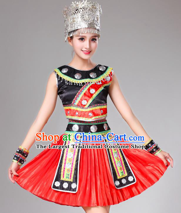 Chinese Tujia Ethnic Garment Dong Nationality Folk Dance Short Dress Xiangxi Minority Performance Outfits Clothing