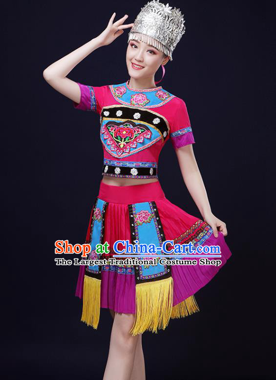 Chinese Yi Minority Performance Rosy Outfits Clothing Miao Ethnic Garment Hmong Nationality Folk Dance Short Dress