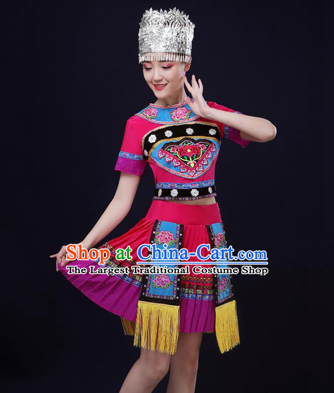 Chinese Yi Minority Performance Rosy Outfits Clothing Miao Ethnic Garment Hmong Nationality Folk Dance Short Dress