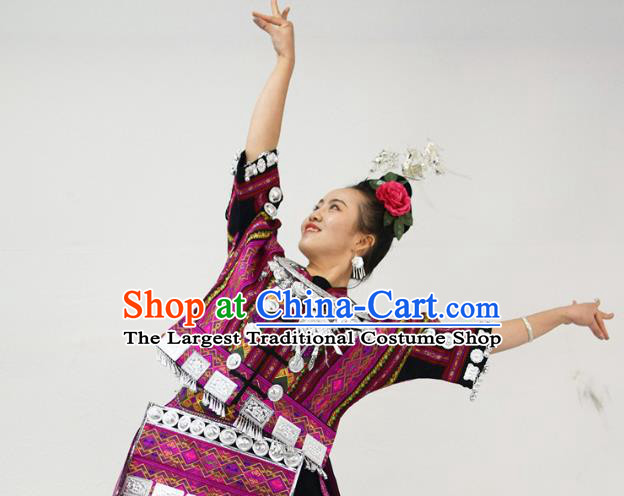 Chinese Yi Minority Purple Outfits Ethnic Folk Dance Garment Xiangxi Nationality Performance Dress Clothing