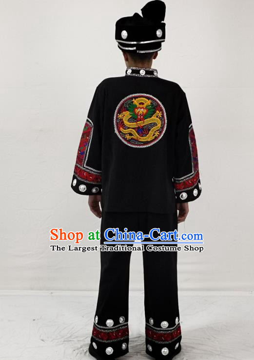 China Hmong Ethnic Folk Dance Black Clothing Traditional Miao Nationality Performance Garment Costumes and Hat