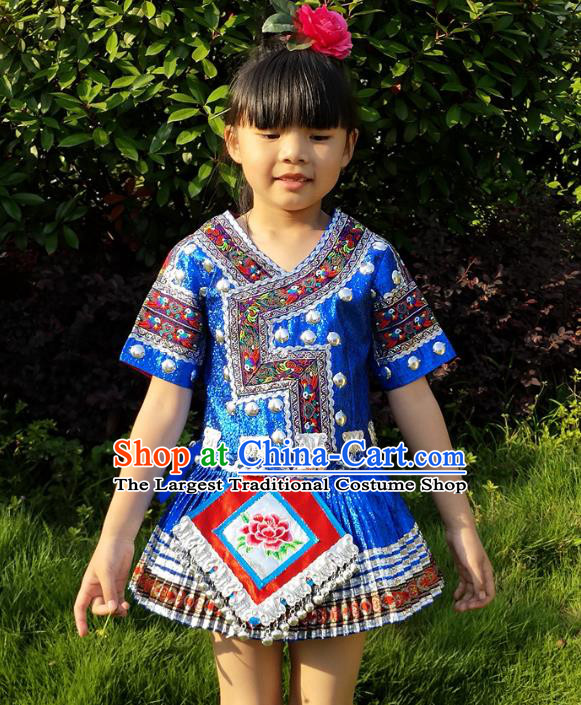 Chinese Xiangxi Ethnic Garment Costumes Traditional Miao Nationality Girls Blue Outfits Clothing