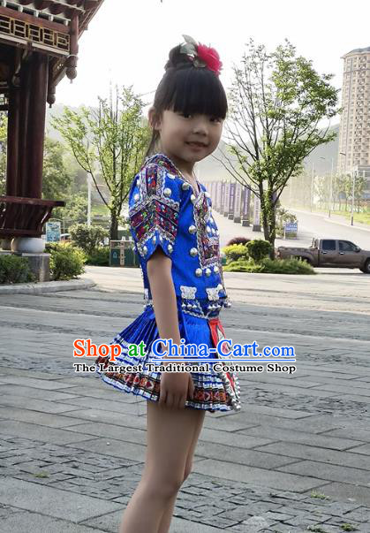 Chinese Xiangxi Ethnic Garment Costumes Traditional Miao Nationality Girls Blue Outfits Clothing