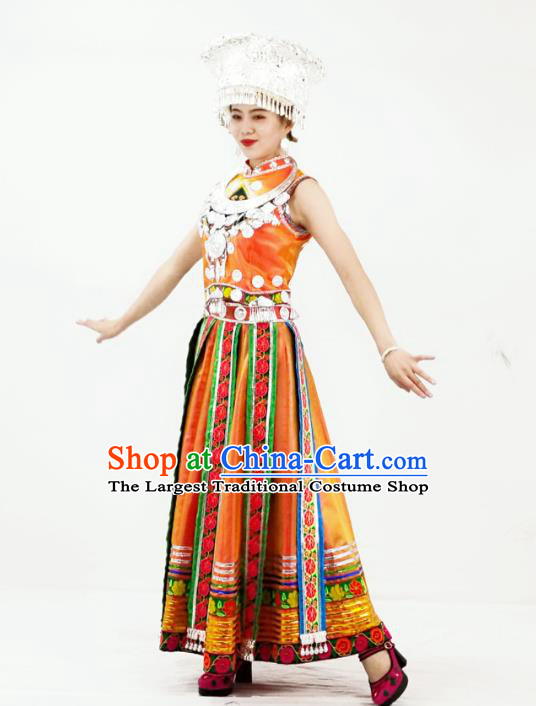 Chinese Miao Nationality Performance Yellow Dress Clothing Hmong Minority Black Outfits Xiangxi Ethnic Folk Dance Garment and Headdress