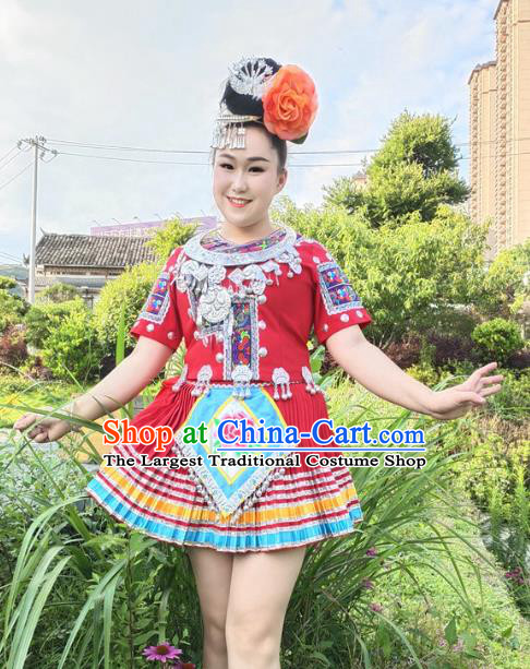 Chinese Miao Minority Red Outfits Ethnic Folk Dance Garment Guizhou Nationality Performance Short Dress Clothing