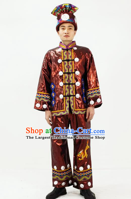 China Traditional Dong Nationality Performance Garment Costumes Xiangxi Folk Dance Brown Clothing and Headwear