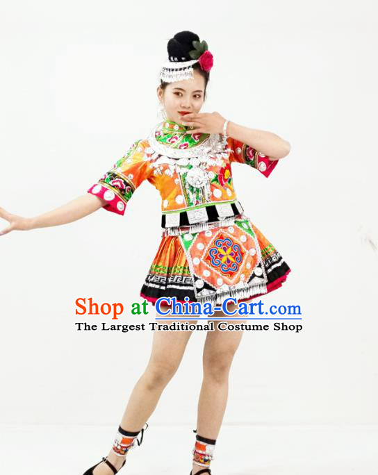 Chinese Miao Nationality Performance Garment Clothing Hmong Minority Ethnic Folk Dance Orange Short Dress Outfits and Hair Accessories