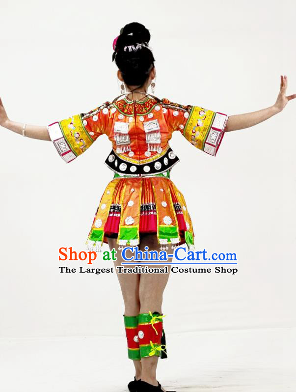 Chinese Miao Nationality Performance Garment Clothing Hmong Minority Ethnic Folk Dance Orange Short Dress Outfits and Hair Accessories