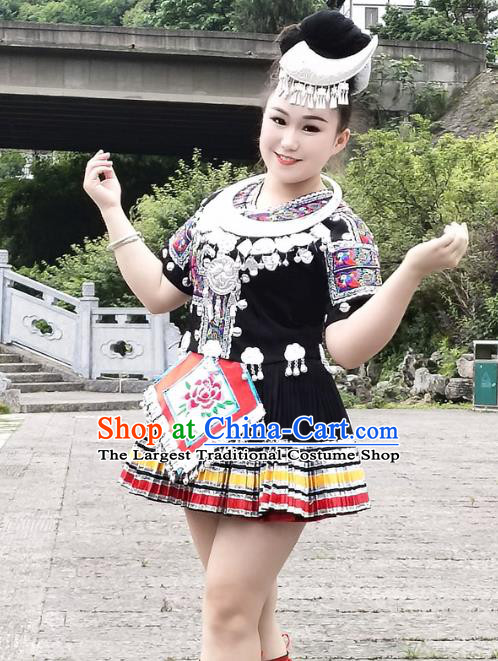 Chinese Guizhou Nationality Performance Short Dress Clothing Miao Minority Black Outfits Ethnic Folk Dance Garment