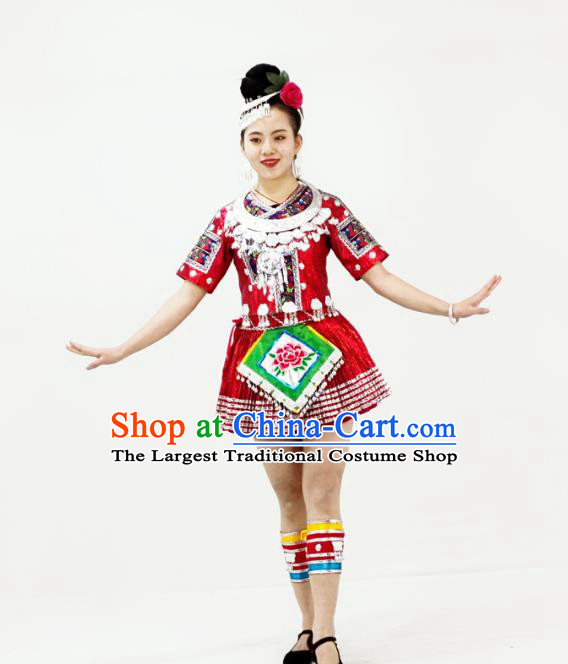 Chinese Miao Nationality Folk Dance Garment Clothing Hmong Minority Ethnic Red Short Dress Outfits and Headpieces