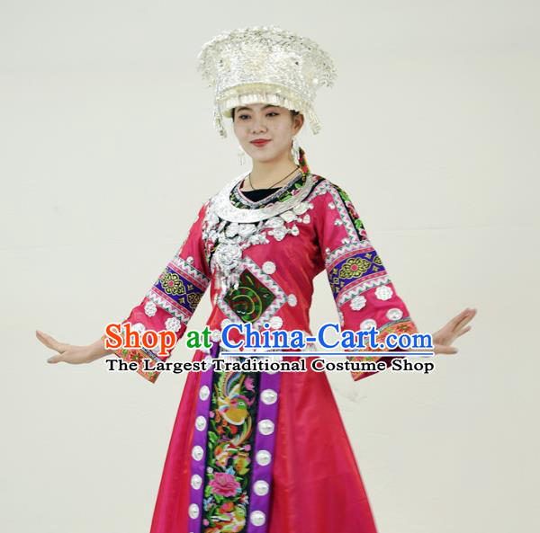 Chinese Hmong Minority Ethnic Rosy Dress Outfits Miao Nationality Folk Dance Garment Clothing and Headwear