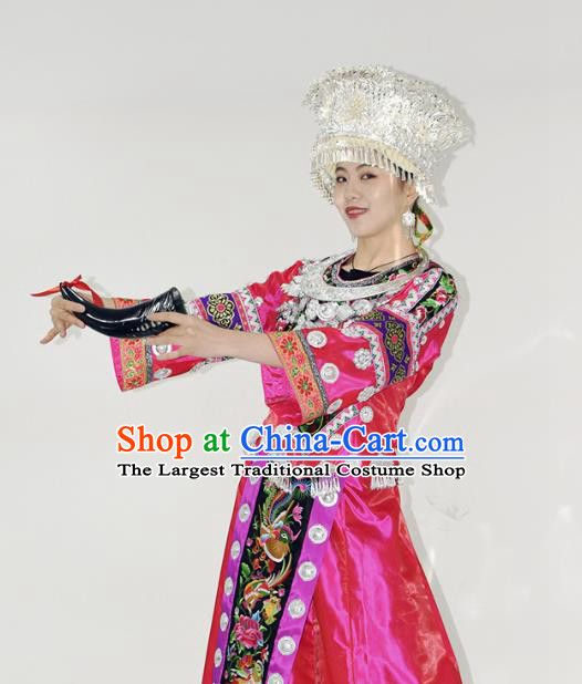 Chinese Hmong Minority Ethnic Rosy Dress Outfits Miao Nationality Folk Dance Garment Clothing and Headwear