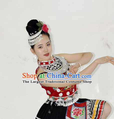 Chinese Tujia Minority Ethnic Short Dress Outfits Yi Nationality Stage Performance Garment Clothing and Hair Accessories