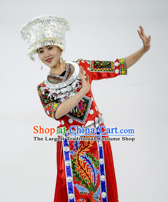 Chinese Hmong Minority Ethnic Bride Red Dress Outfits Miao Nationality Wedding Garment Clothing and Headdress