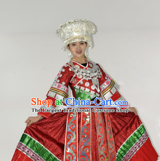 Chinese Miao Minority Ethnic Wedding Red Dress Outfits Hmong Nationality Dance Performance Garment Clothing and Silver Headwear