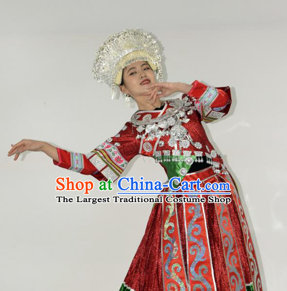 Chinese Miao Minority Ethnic Wedding Red Dress Outfits Hmong Nationality Dance Performance Garment Clothing and Silver Headwear