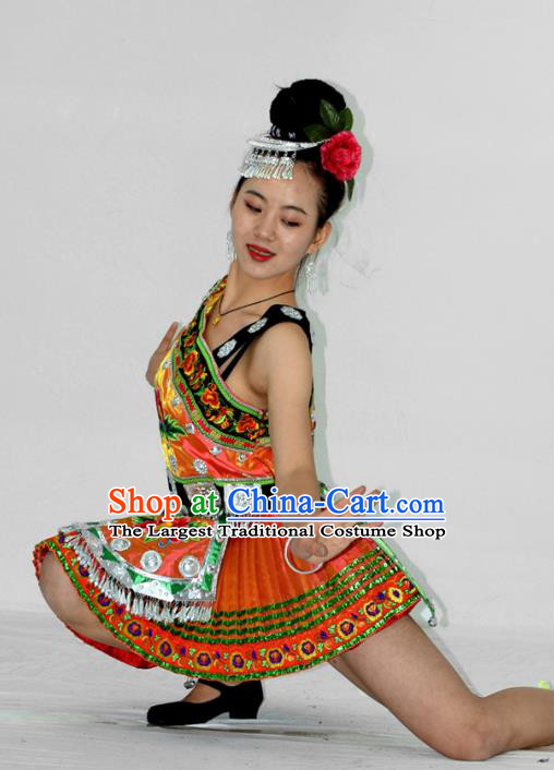 Chinese Miao Minority Ethnic Stage Performance Short Dress Outfits Hmong Nationality Folk Dance Garment Clothing and Hair Jewelry