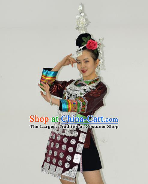 Chinese Dong Minority Ethnic Folk Dance Short Dress Outfits Tujia Nationality Performance Garment Clothing and Hair Accessories