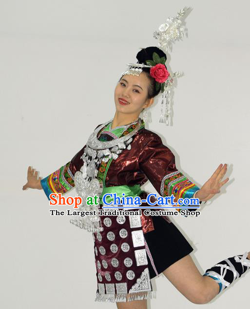 Chinese Dong Minority Ethnic Folk Dance Short Dress Outfits Tujia Nationality Performance Garment Clothing and Hair Accessories