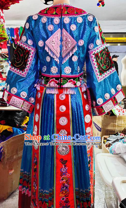 Chinese Xiangxi Minority Performance Outfits Hmong Ethnic Folk Dance Garment Miao Nationality Blue Dress Clothing