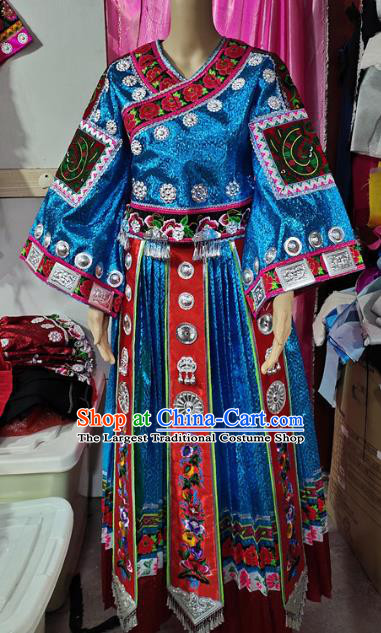 Chinese Xiangxi Minority Performance Outfits Hmong Ethnic Folk Dance Garment Miao Nationality Blue Dress Clothing