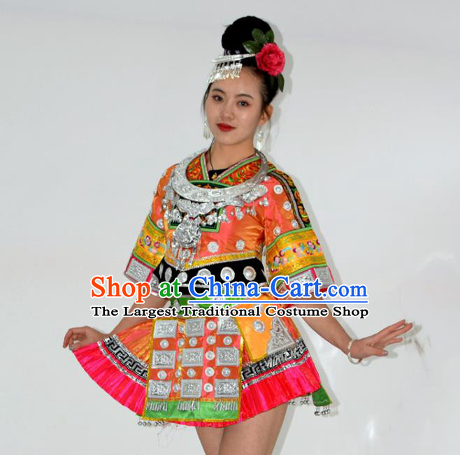 Chinese Yi Minority Dance Short Dress Outfits Ethnic Garment Miao Nationality Stage Performance Clothing and Headpieces