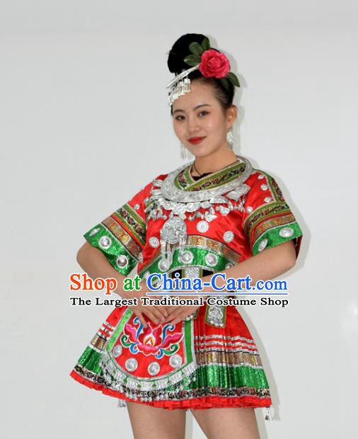 Chinese Yi Minority Dance Red Short Dress Outfits Ethnic Garment Miao Nationality Stage Performance Clothing and Headdress