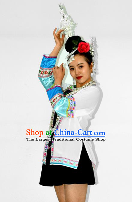 Chinese Dong Nationality Stage Performance Garment Clothing Minority Ethnic Folk Dance Short Dress Outfits and Jewelry Accessories