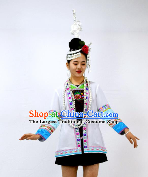 Chinese Dong Nationality Stage Performance Garment Clothing Minority Ethnic Folk Dance Short Dress Outfits and Jewelry Accessories
