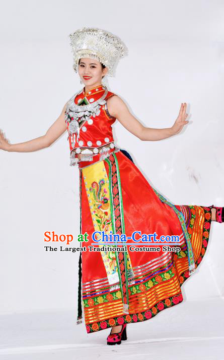 Chinese Ethnic Folk Dance Garment Outfits Miao Nationality Red Clothing Hmong Minority Performance Dress and Headwear
