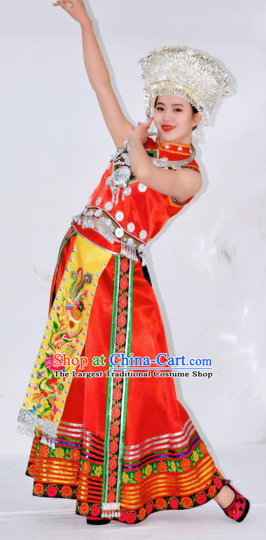 Chinese Ethnic Folk Dance Garment Outfits Miao Nationality Red Clothing Hmong Minority Performance Dress and Headwear