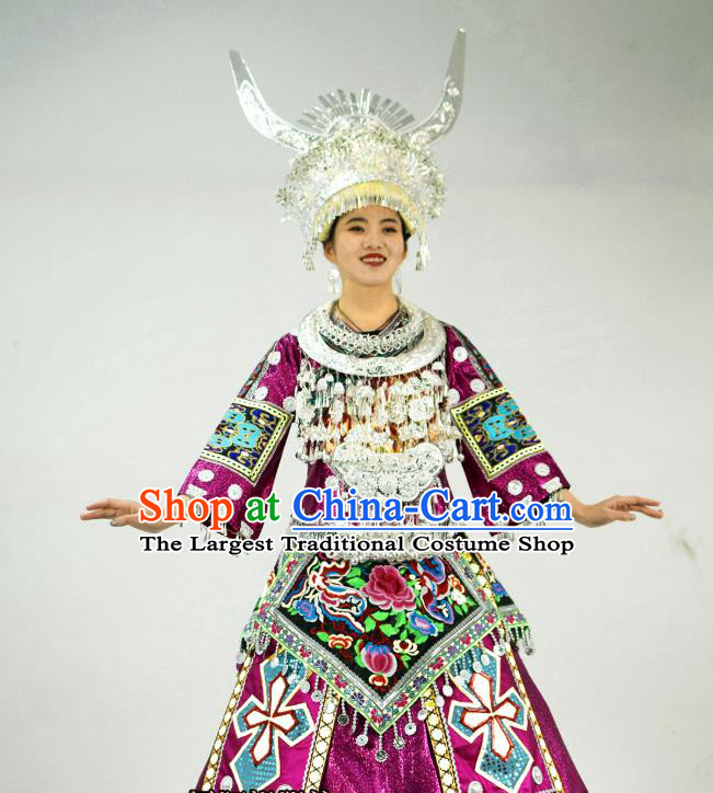 Chinese Hmong Minority Bride Purple Dress Ethnic Folk Dance Garment Outfits Miao Nationality Wedding Clothing and Silver Headdress