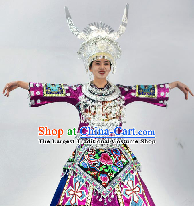 Chinese Hmong Minority Bride Purple Dress Ethnic Folk Dance Garment Outfits Miao Nationality Wedding Clothing and Silver Headdress