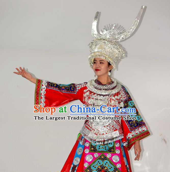 Chinese Ethnic Wedding Garment Outfits Miao Nationality Festival Clothing Hmong Minority Bride Red Dress and Silver Headdress
