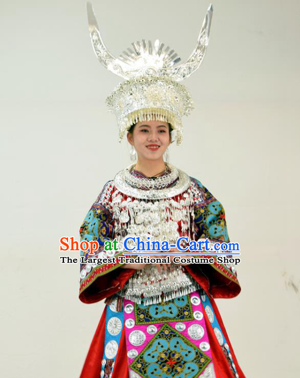 Chinese Ethnic Wedding Garment Outfits Miao Nationality Festival Clothing Hmong Minority Bride Red Dress and Silver Headdress