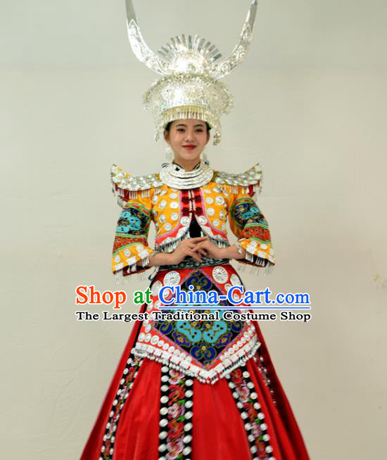 Chinese Hmong Minority Performance Dress Ethnic Dance Garment Outfits Miao Nationality Festival Clothing and Silver Headwear